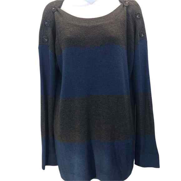 Vince Camuto Women’s Small Sweater Gray Blue Striped Thermal Button Shoulder - Picture 2 of 12